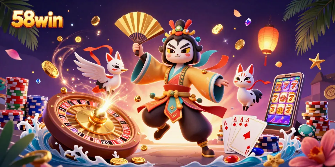 Experience thrilling moments at 58win with a vibrant casino atmosphere illustrated in 3D.