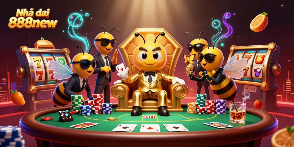 Experience the excitement at Nhà cái 888new, surrounded by vibrant casino elements like poker chips and slot machines.