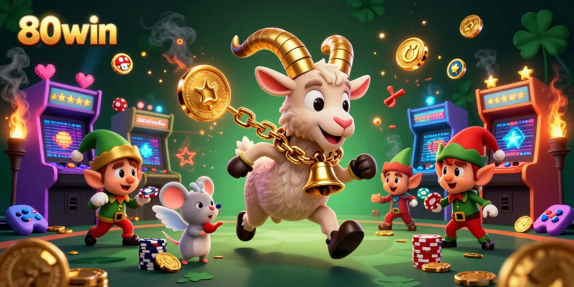 Experience the excitement of 80win with a whimsical casino scene featuring unique characters and vibrant gaming elements.