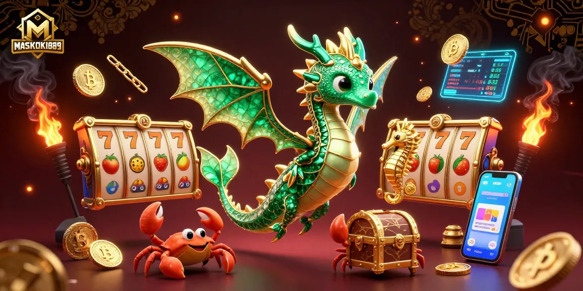 Spin the reels with MASKOKI889 in a vibrant crypto-themed 3D casino illustration filled with riches.