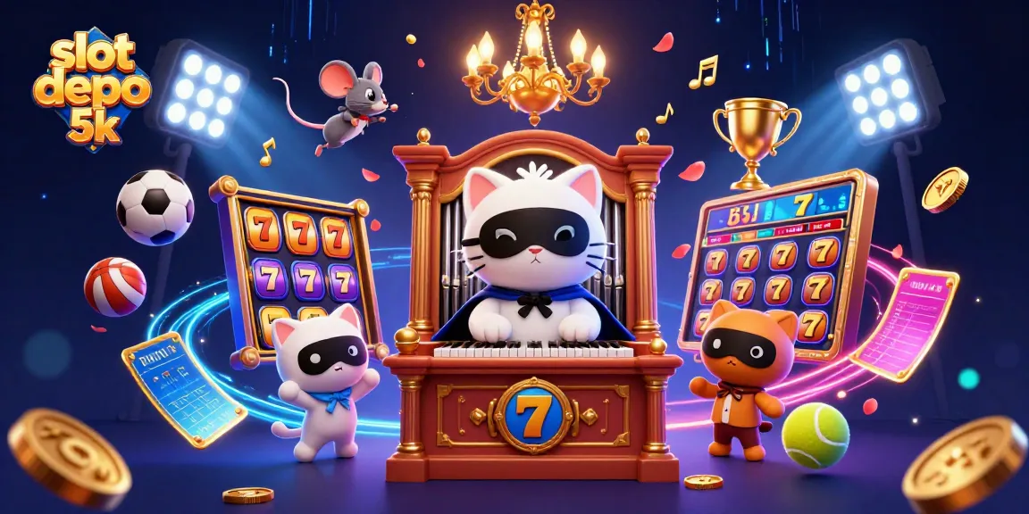 Spin for big wins on slot depo 5k with colorful gaming elements and lucky symbols cascading around.
