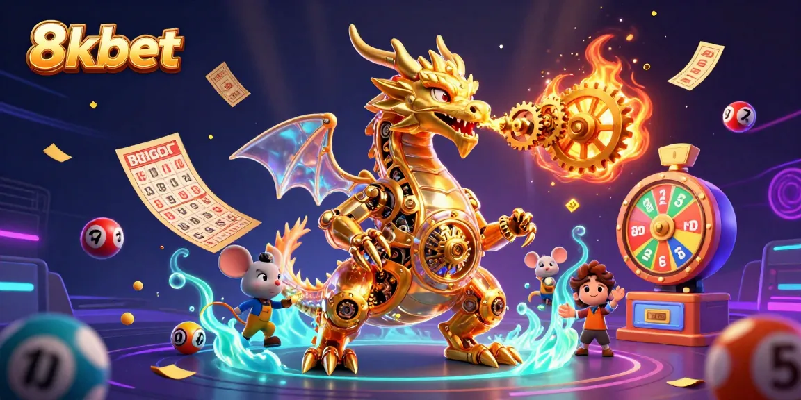 Join the excitement at 8xbet with a 3D illustration of vibrant lottery elements and an engaging golden dragon.