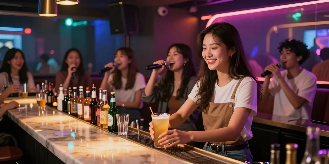 노래방밤알바에서 활기찬 분위기 속에서 음료를 서빙하는 젊은 여성