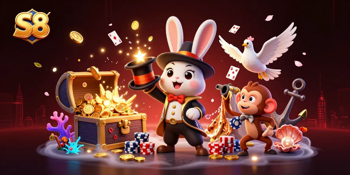 Experience exciting wins at S8 Casino with a whimsical 3D illustration full of fun characters and magical elements.