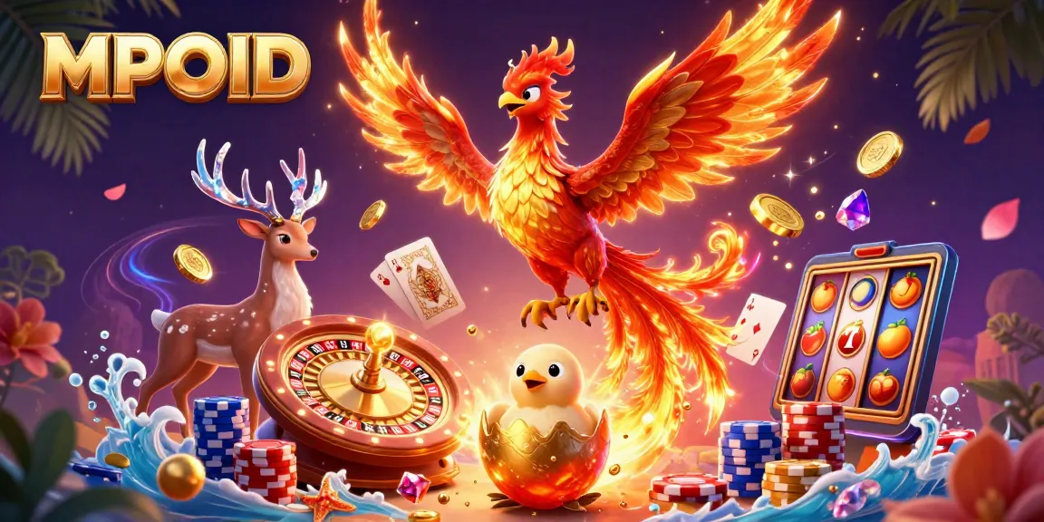 MPOID spins luck with a captivating 3D phoenix illustration amid shimmering casino elements.