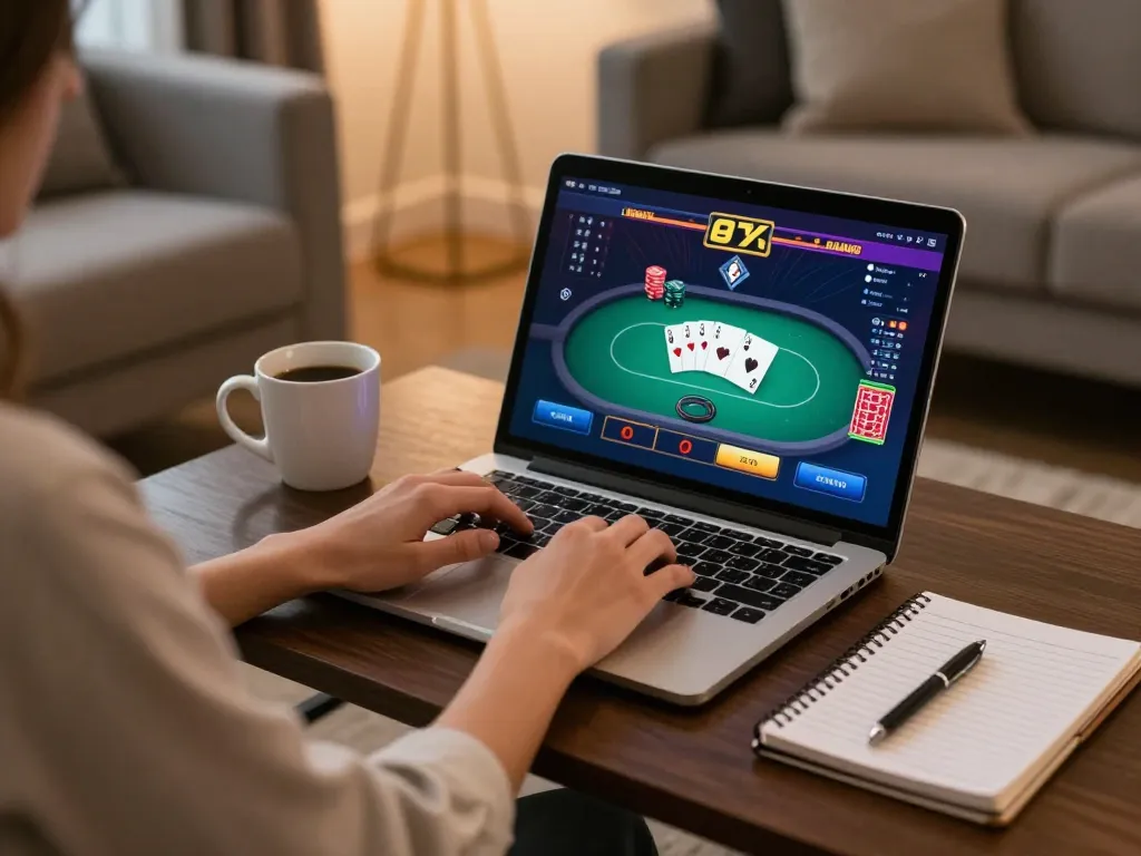 Gambling with gk88 app on laptop in a cozy home setting.