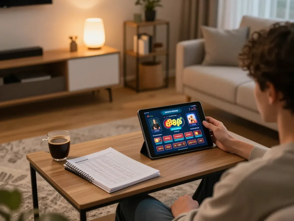 Engaging with the Ee88go platform during an online casino session in a cozy home environment