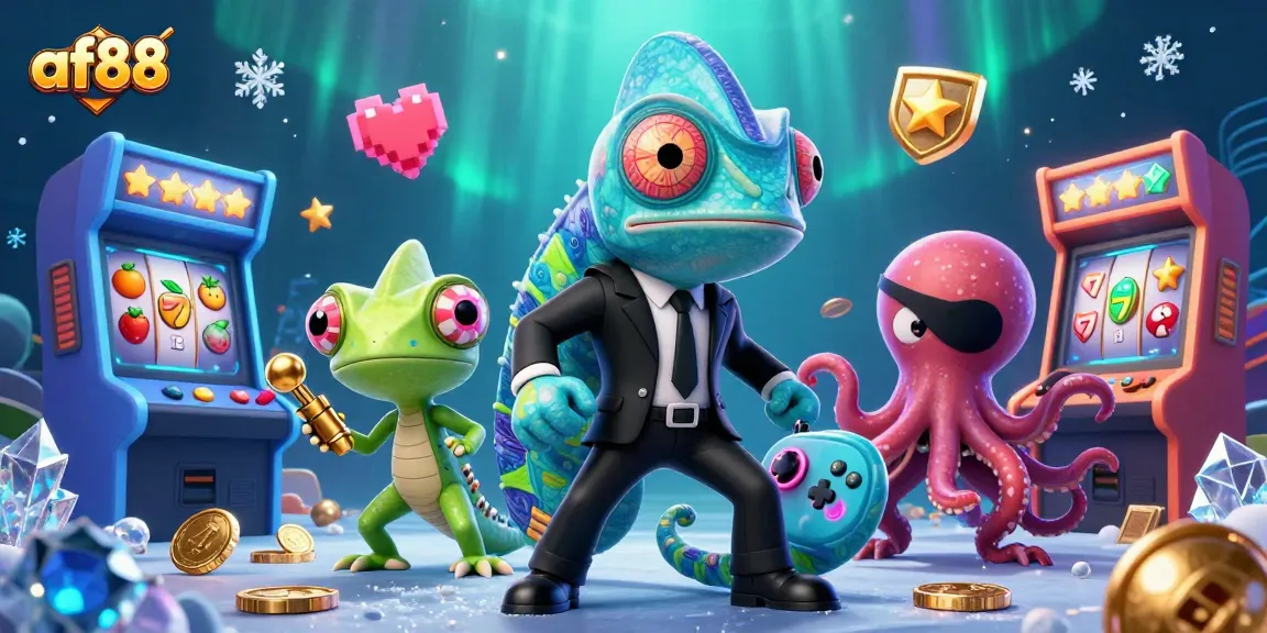 Join the af88 adventure in a vibrant casino atmosphere as chameleon and companions spin the jackpot!