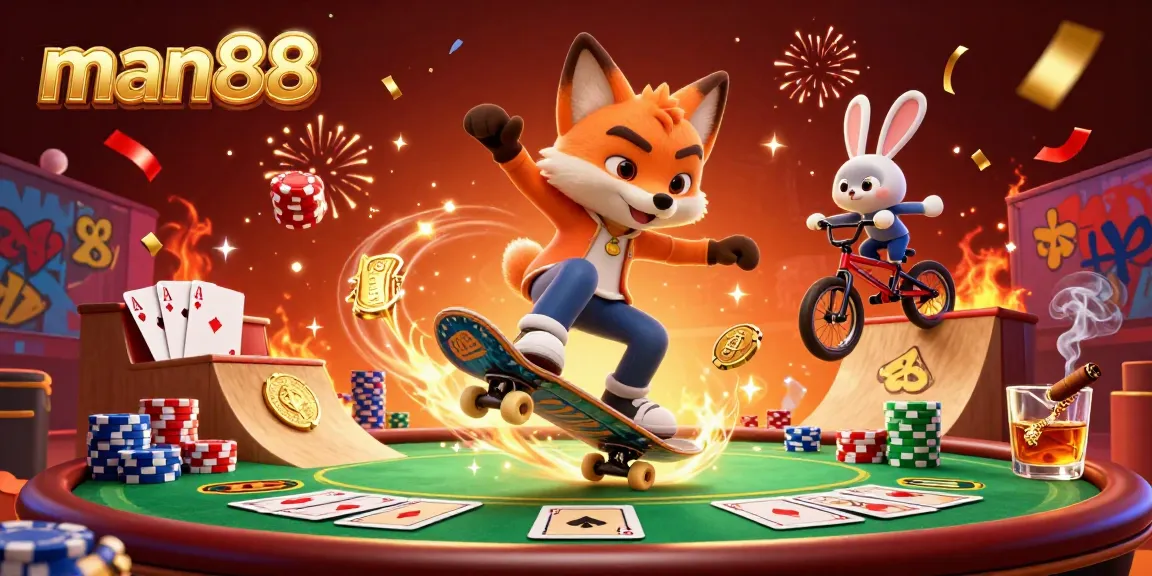 Experience thrilling gaming with man88 as a 3D skateboarder fox performs tricks over golden poker chips.