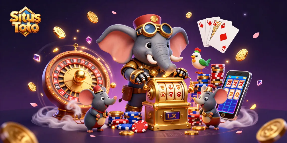 Play exciting games at Situs Toto with vibrant characters spinning reels and winning jackpots amidst sparkling coins.