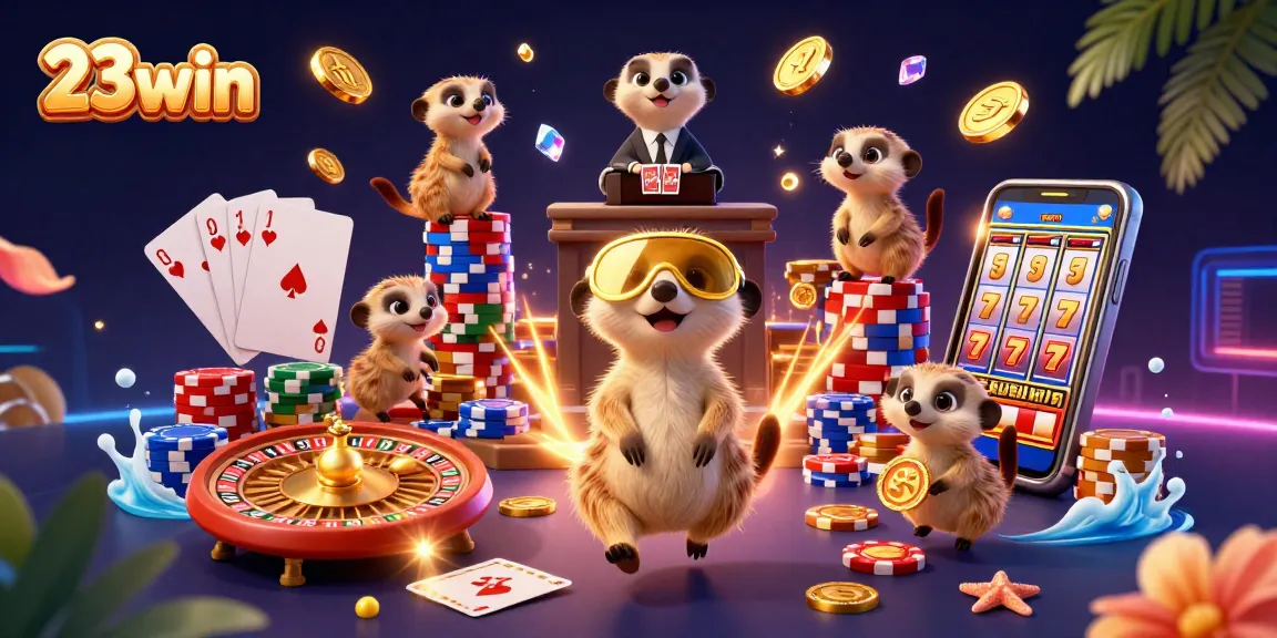 Experience the vibrant 23win casino with meerkats in detailed 3D illustration.