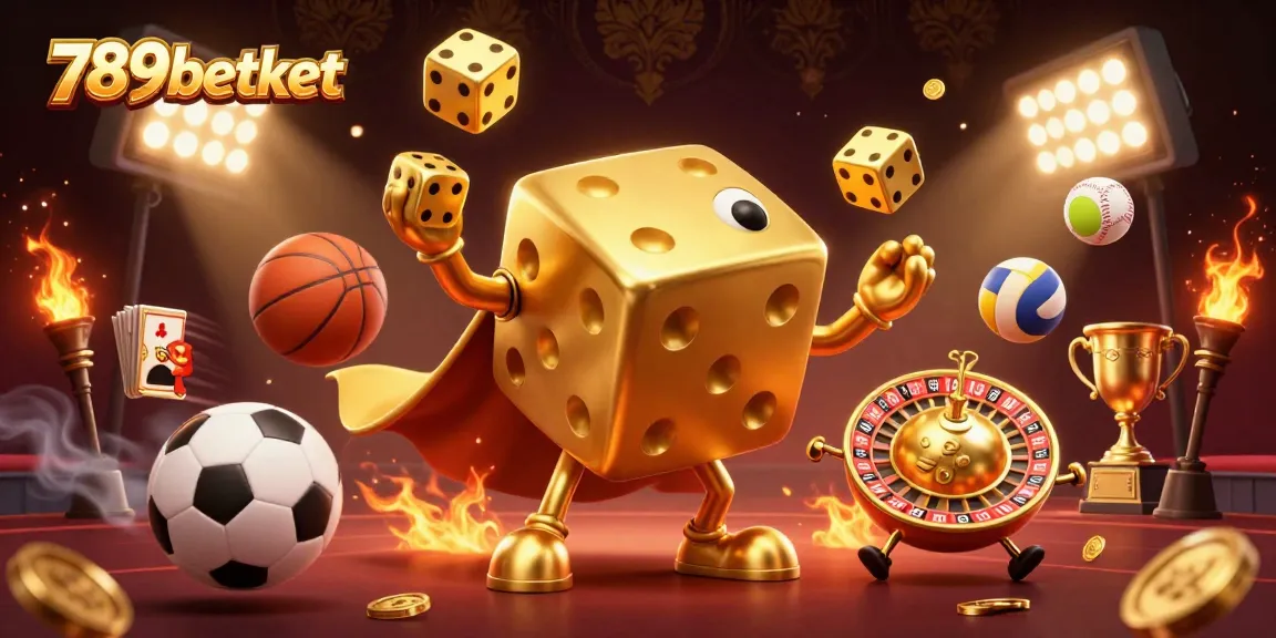 Experience thrilling gaming with 789betket's lively illustration of a golden dice and dynamic sports elements.