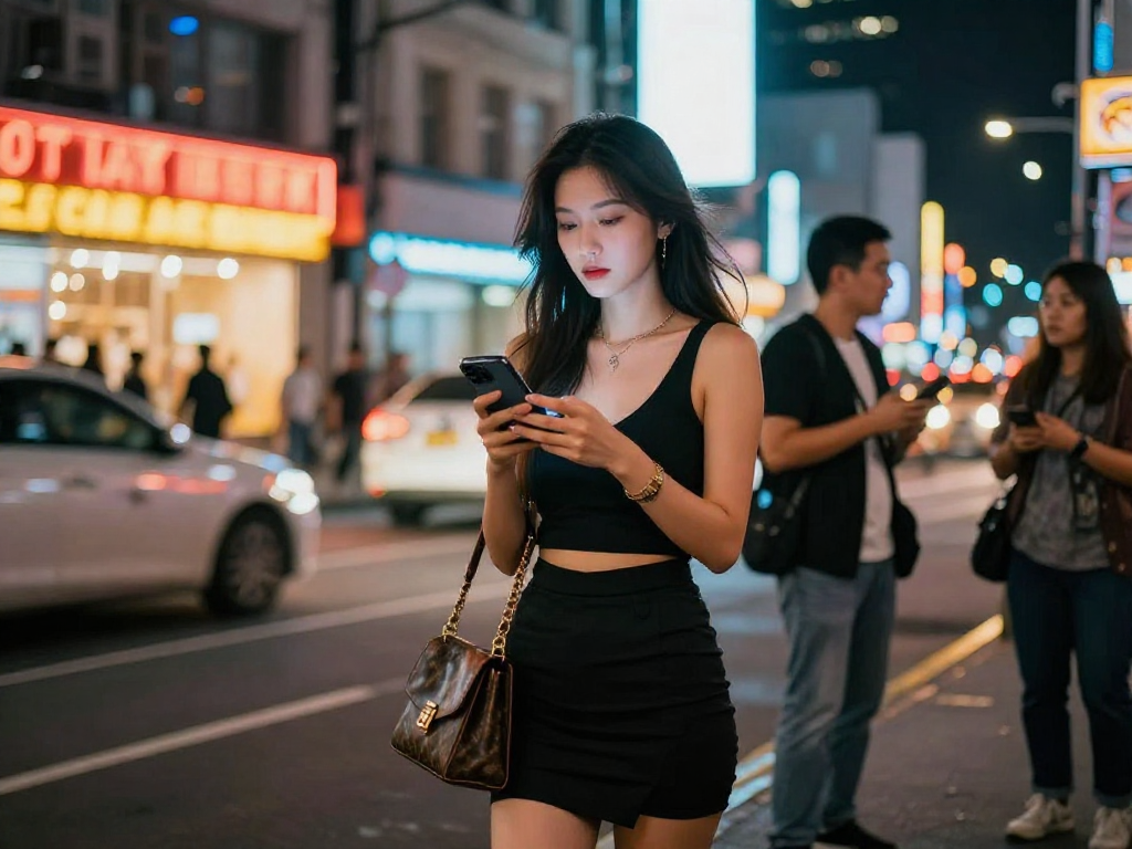 Gái gọi tỏa sáng giữa phố đêm náo nhiệt, thể hiện phong cách và sự tự tin.