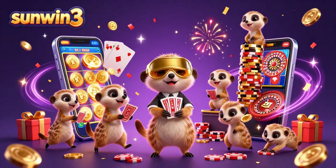 Sneak chips in the vibrant sunwin3 casino scene with lavish meerkats managing operations, showcasing a lively gambling atmosphere.