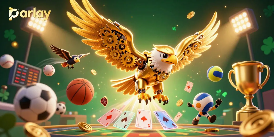 Engaging illustration of a parlay betting scene with a golden eagle and dynamic sports elements.