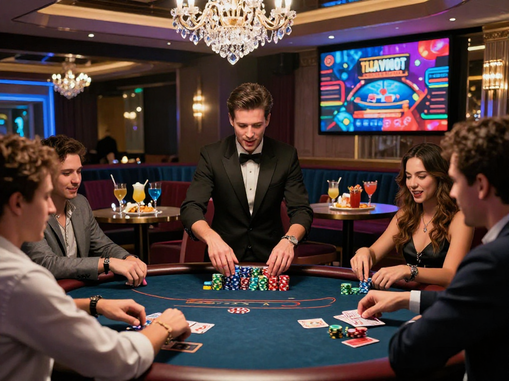 I migliori casino non AAMS in un elegante lounge di gioco, amici divertiti attorno a un tavolo da poker.