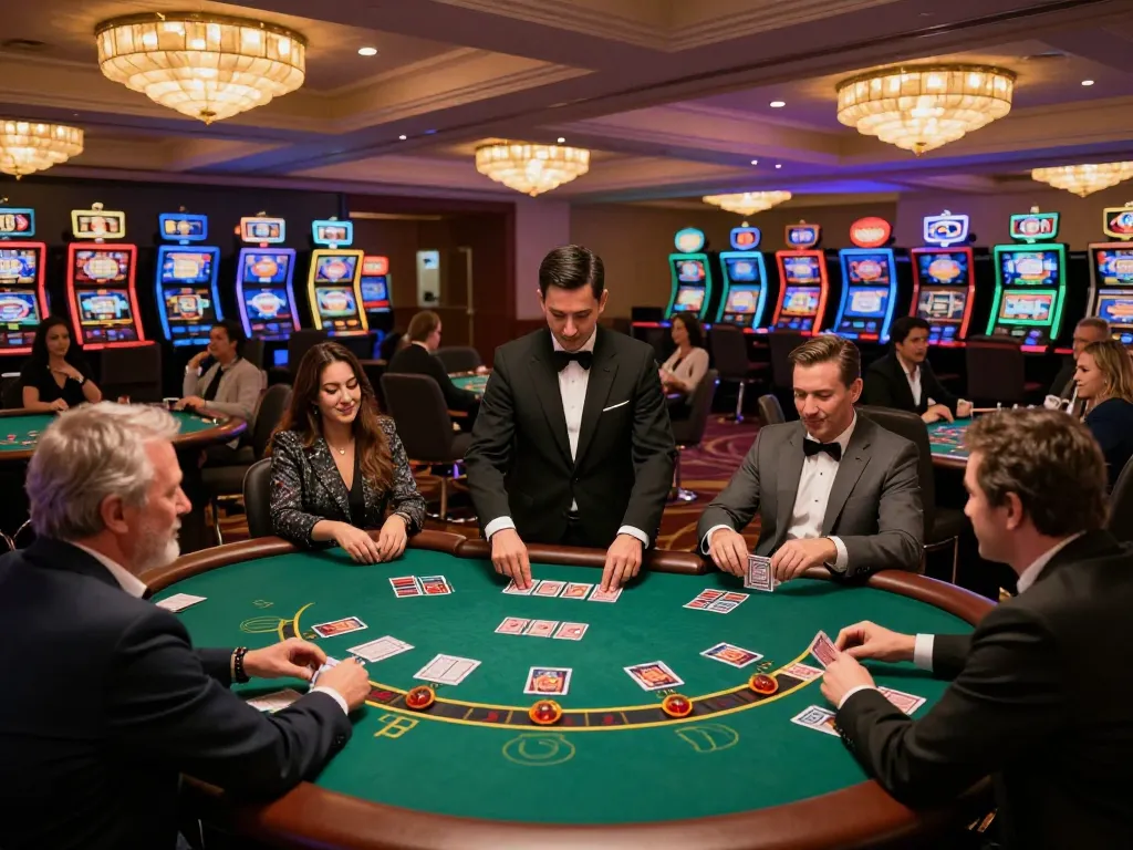 KJC players engaged in intense blackjack gameplay amidst a luxurious casino ambiance.