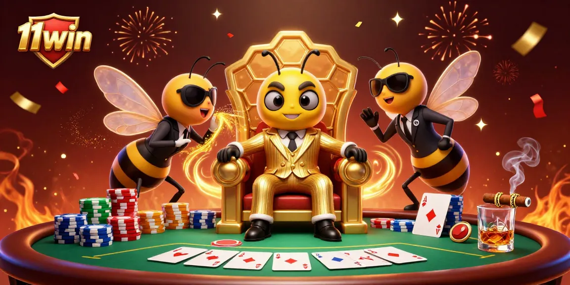 Engage in thrilling poker action with 11win's bumblebee mob boss in an ultra-detailed casino scene.