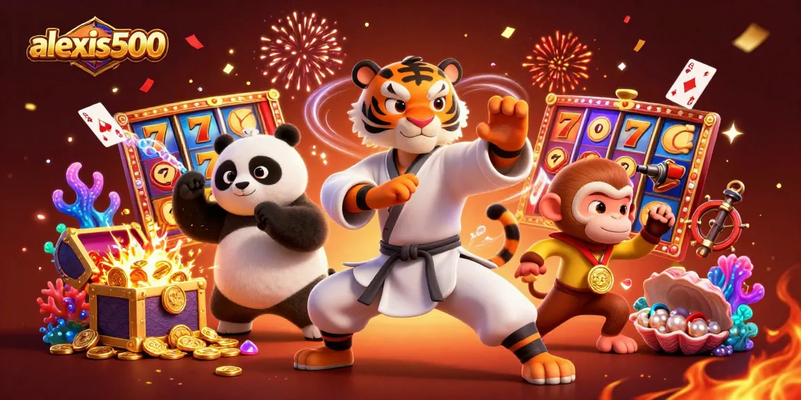 Play slots with alexis500 featuring a kung fu tiger and panda amidst gold coins and vibrant gaming elements.