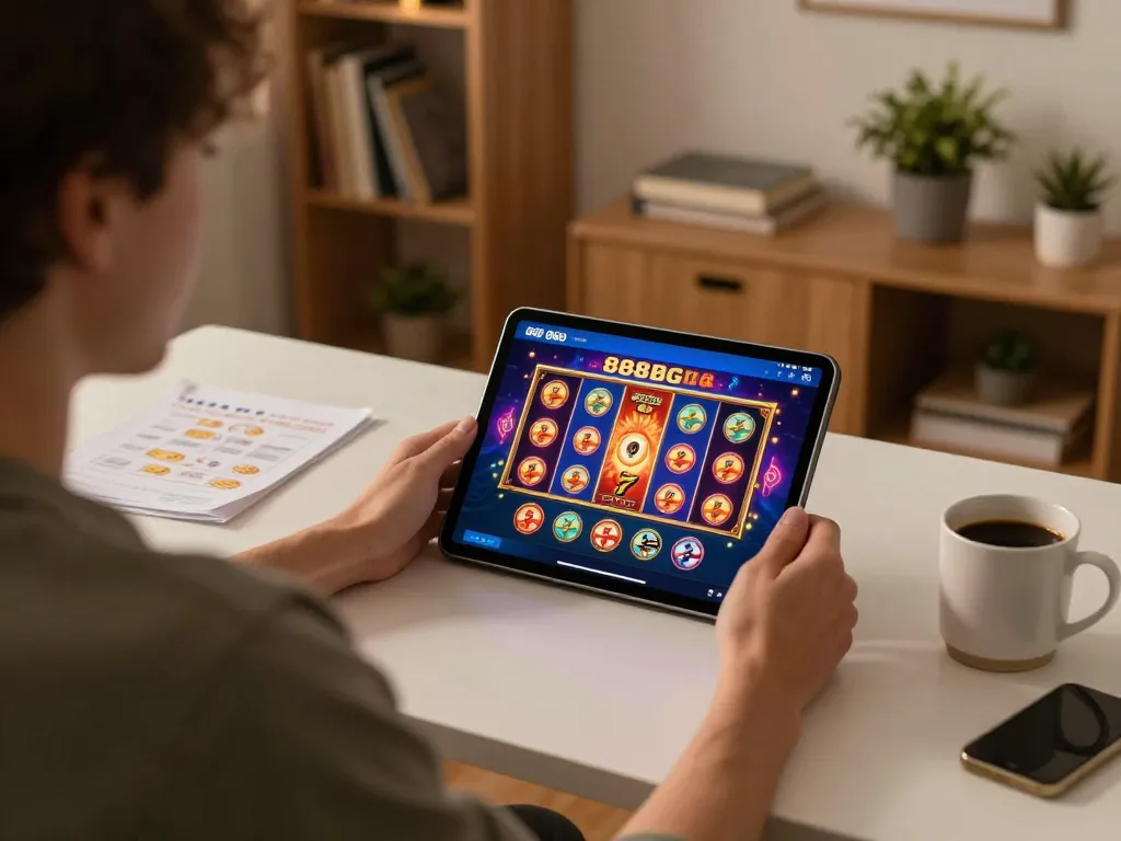 Experience dynamic online gaming at 888bgo with engaging slot games on a tablet.