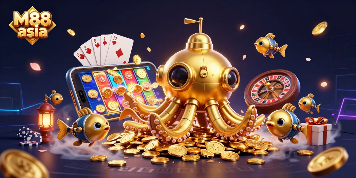 Experience thrilling gameplay with M88 asia, featuring a dynamic underwater casino scene, showcasing exciting games and vibrant visuals.