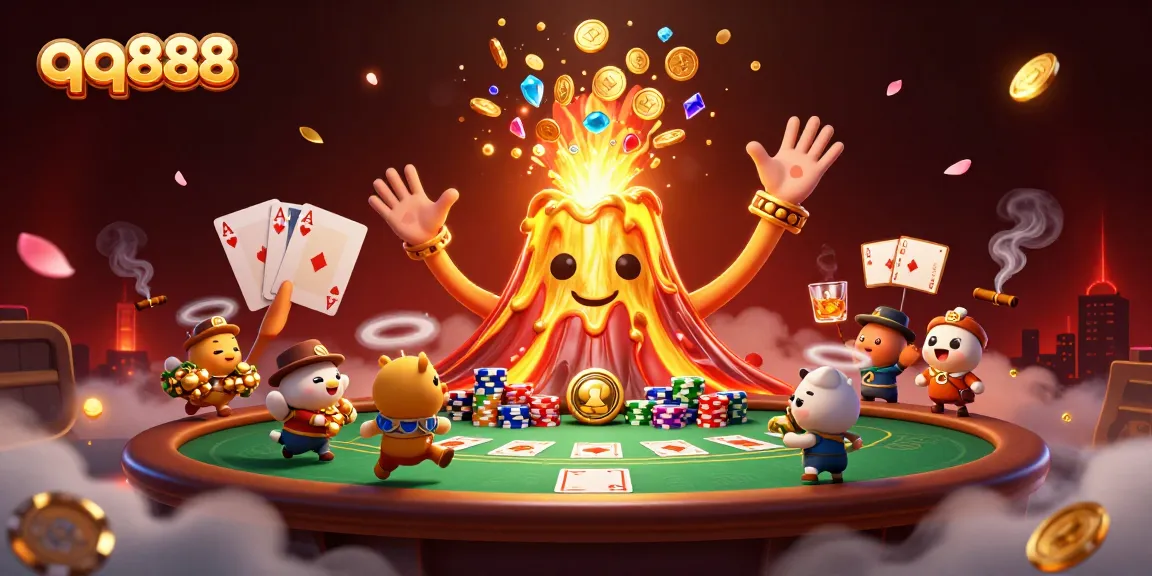 Join the thrill at qq888 with a volcano erupting treasure at a lively poker scene.