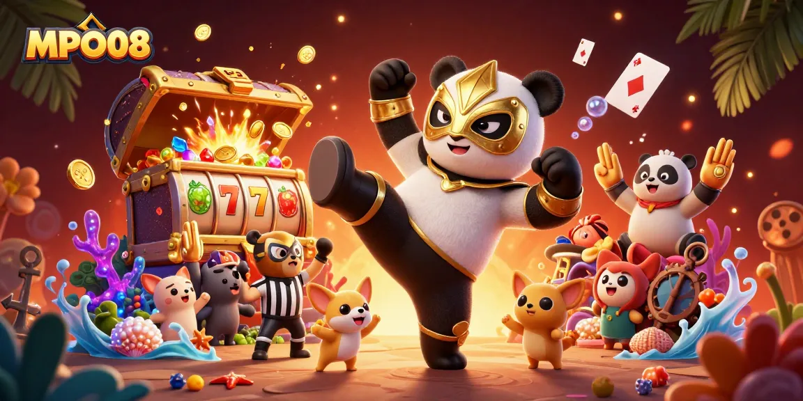 MPO08 features a vibrant 3D scene of a wrestling panda executing a kick amidst colorful slot reels and lively animal spectators.