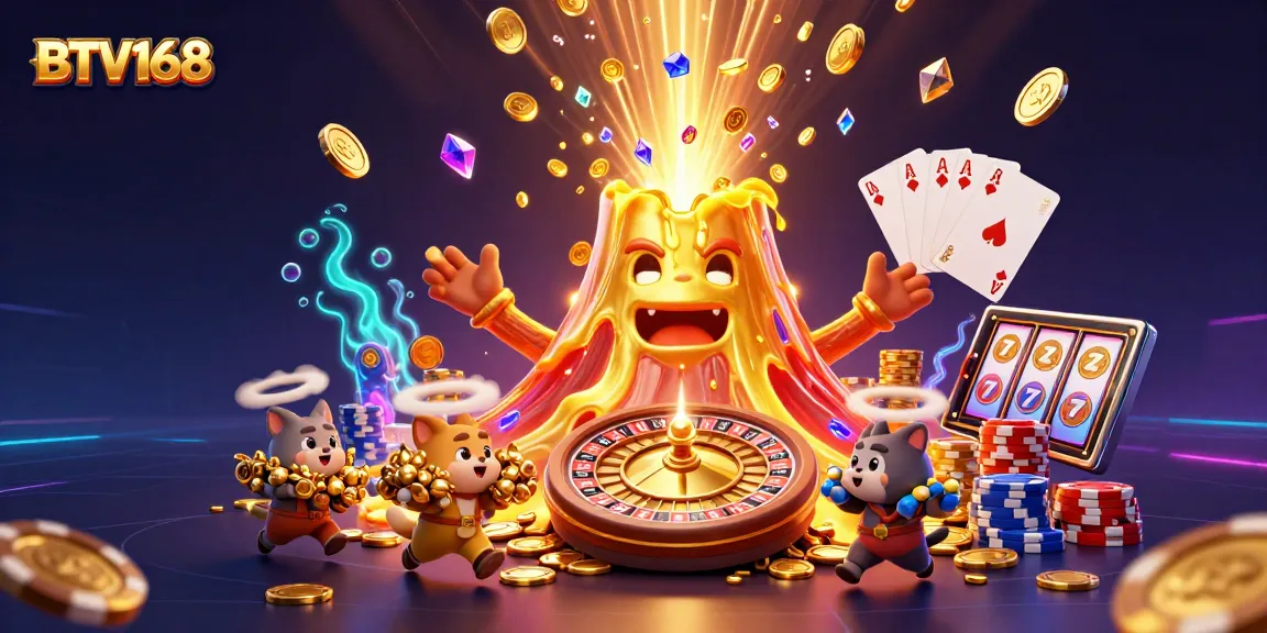 BTV168 showcases a thrilling 3D casino eruption with coins, poker chips, and fun characters.
