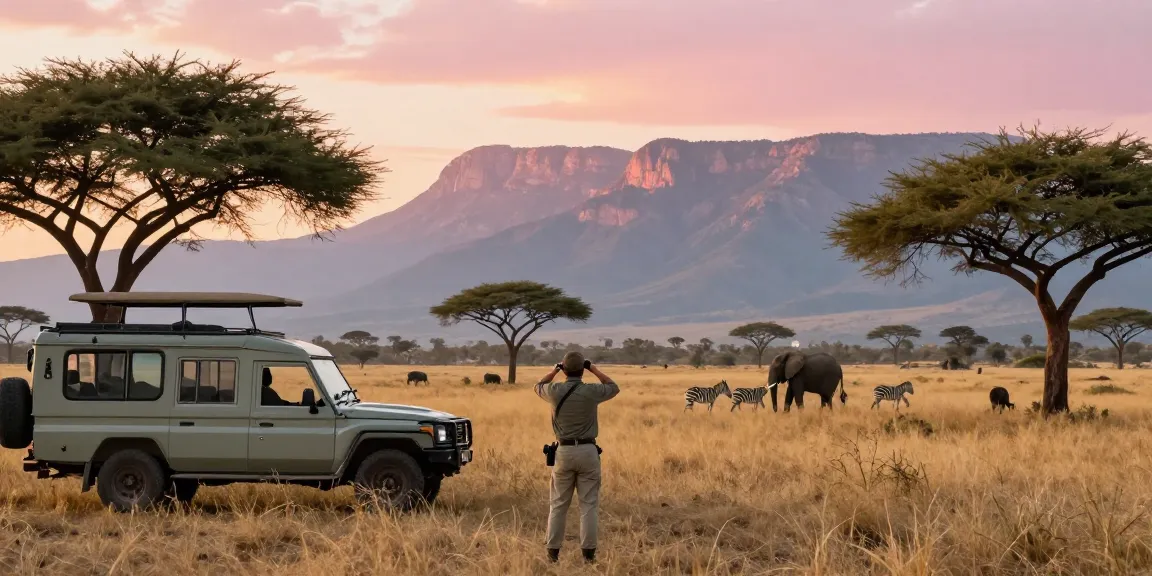 NAGA2000 traveler observing wildlife in Kidepo Valley National Park at sunrise, showcasing a breathtaking landscape.