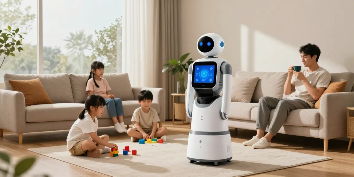 Family interacting with a home robot 2026 in a modern living room, showcasing futuristic lifestyle and smart home technology.
