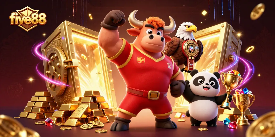 Join the excitement of five88 with a vibrant 3D casino scene featuring dynamic characters and treasures.