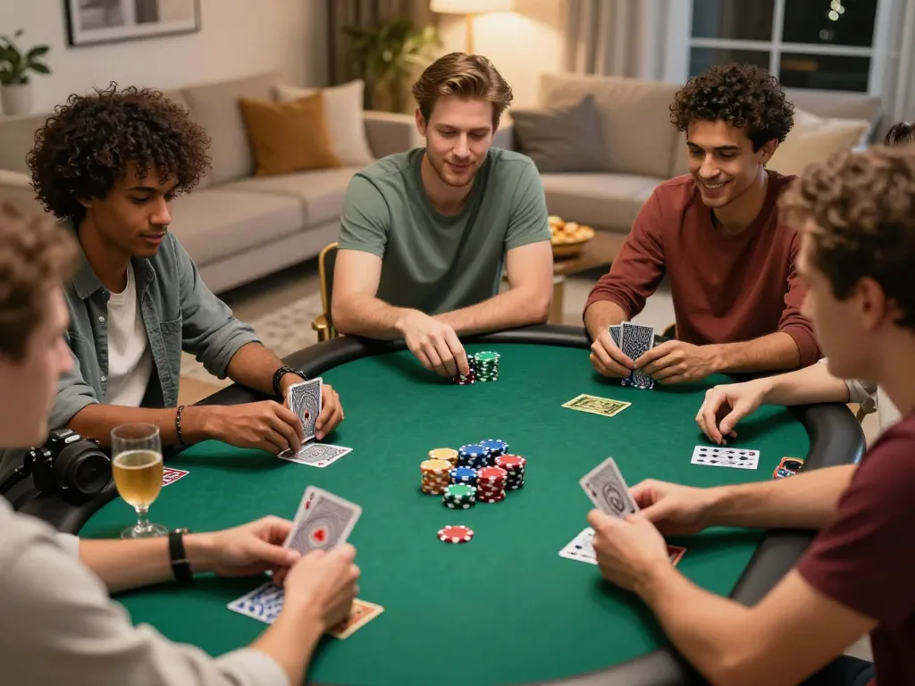 Friends enjoying poker night at home with 11win strategies, chips, and cards displayed.