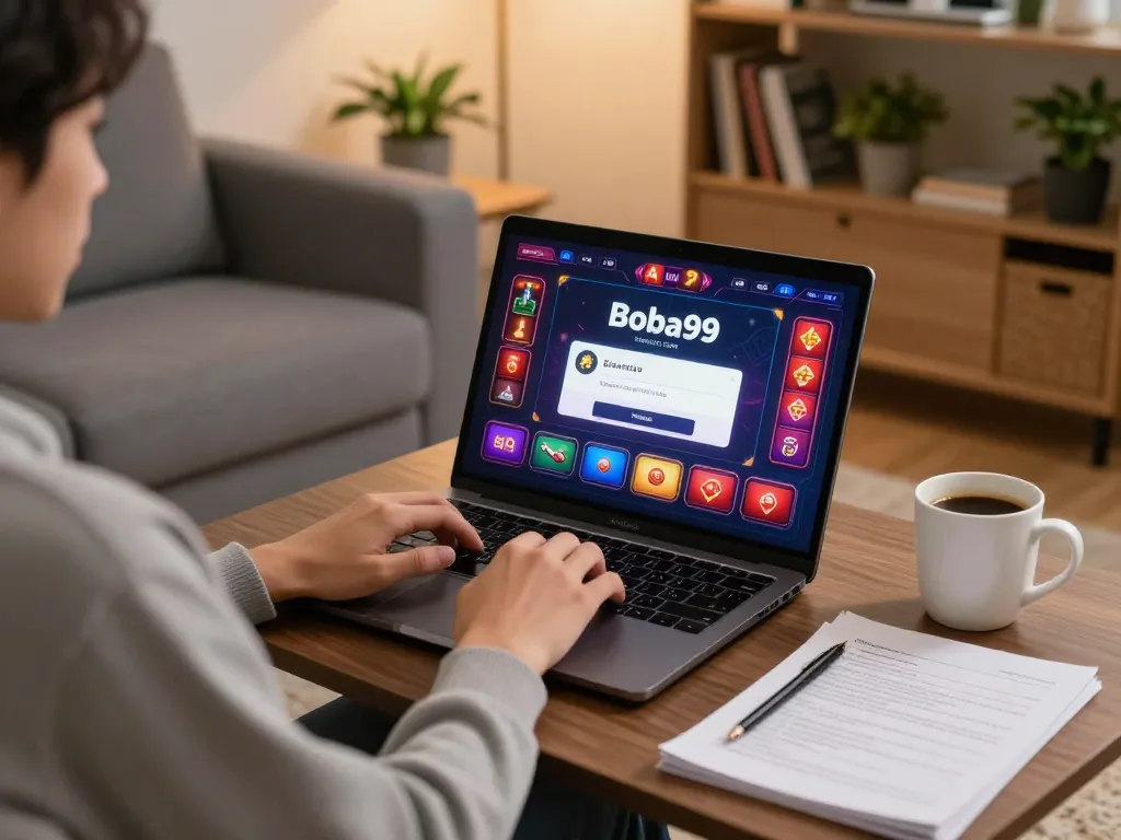 Layar login Boba99 ditampilkan di laptop selama sesi permainan online di rumah.
