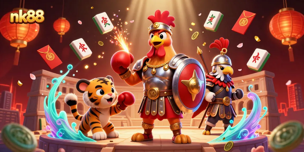 Experience nk88's thrilling adventure in a colorful 3D casino illustration with animated characters.