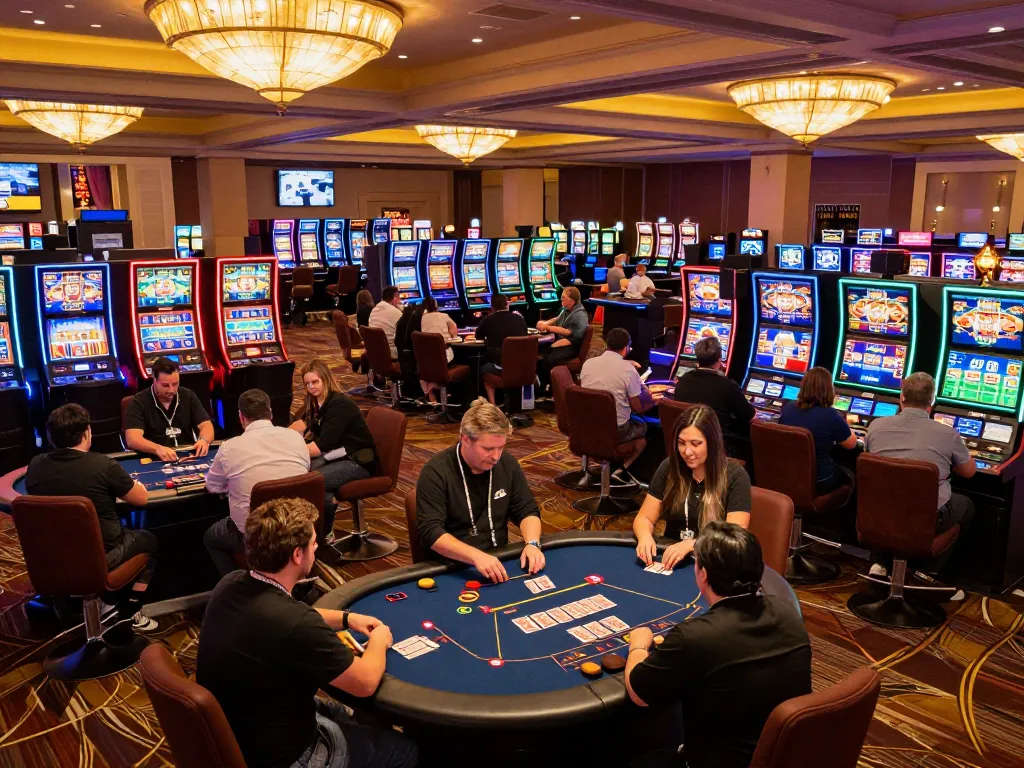 Players strategizing and betting at 58wiin casino floor, vibrant atmosphere with engaged participants.