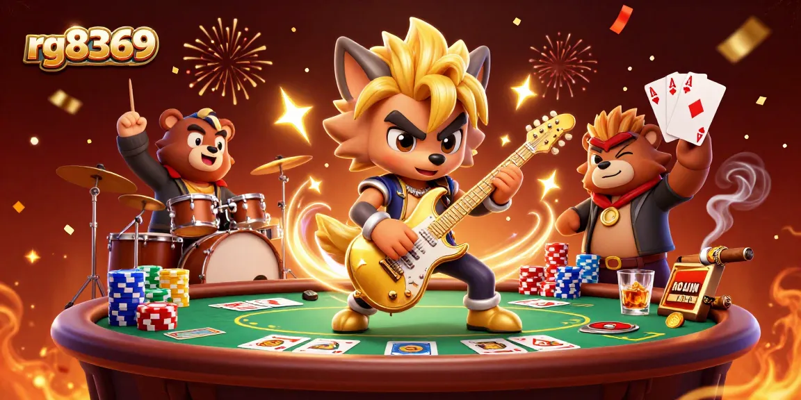 Win big with rg8369 as a rock star wolf shreds on stage surrounded by poker excitement.