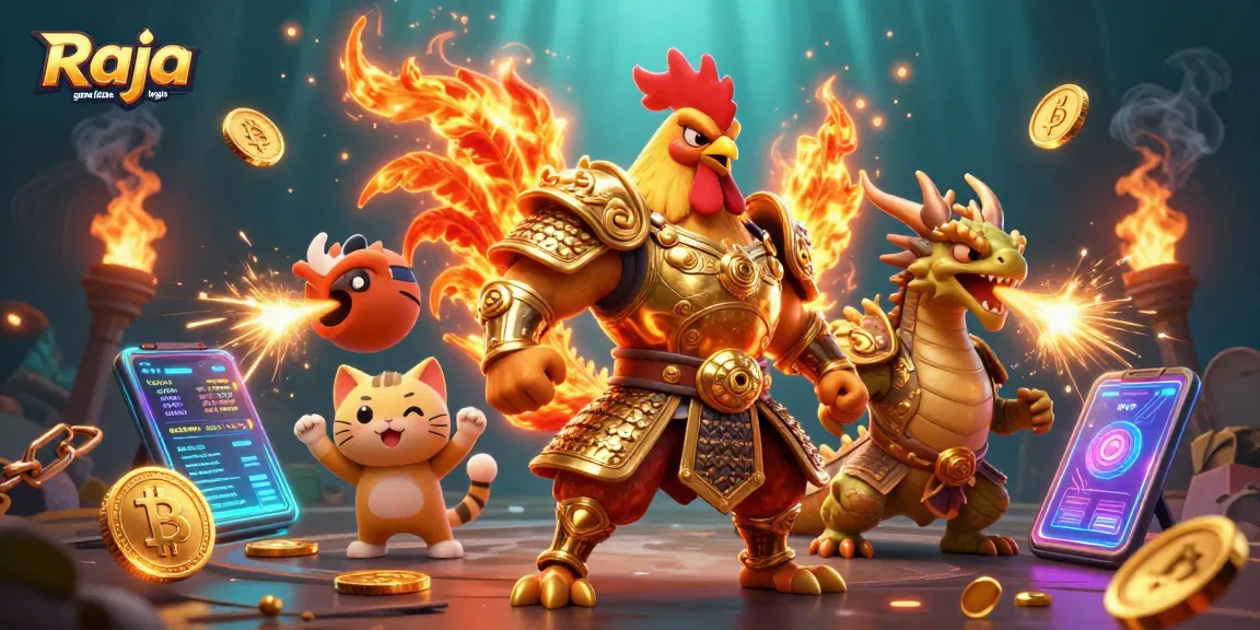 Engage with Raja game login through an epic scene of a warrior rooster and dragon amidst crypto chaos.