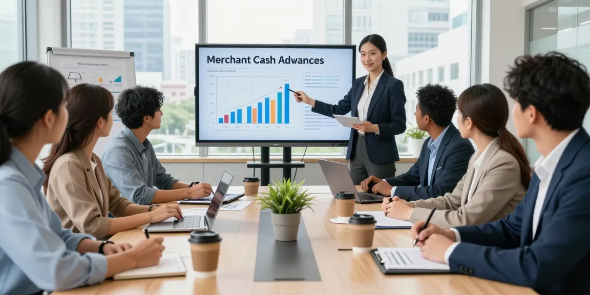 Team discussing how to get a merchant cash advance in a modern office setting.