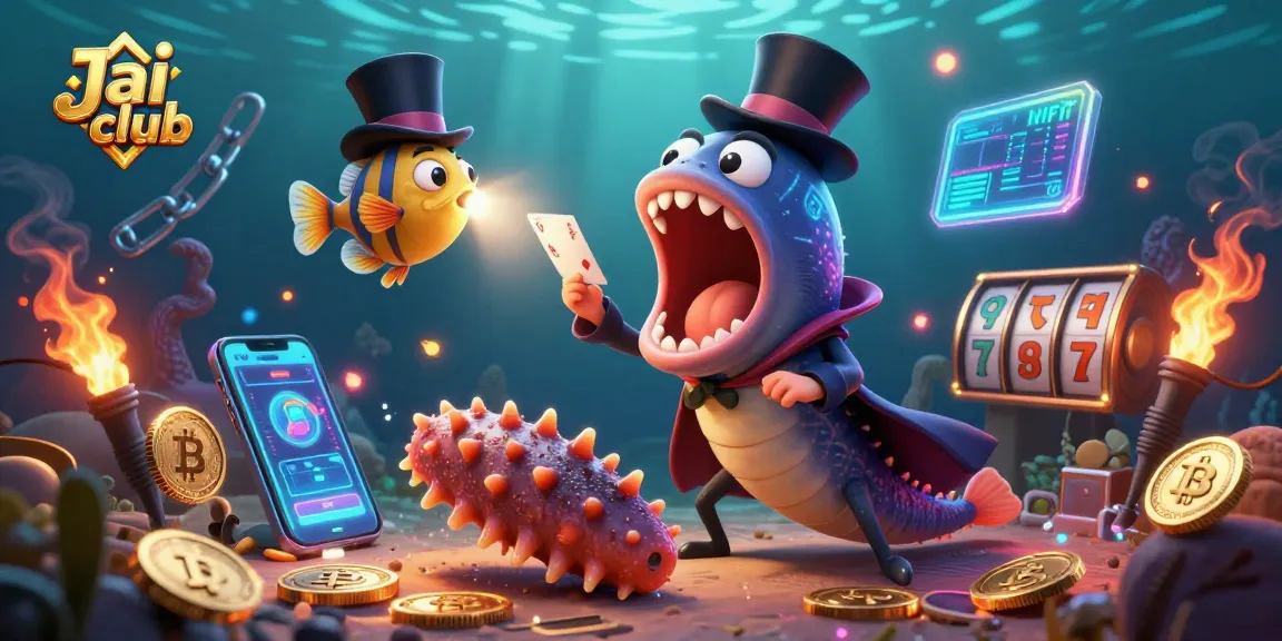 Jai club showcases dynamic card tricks in a vibrant underwater casino-themed illustration.