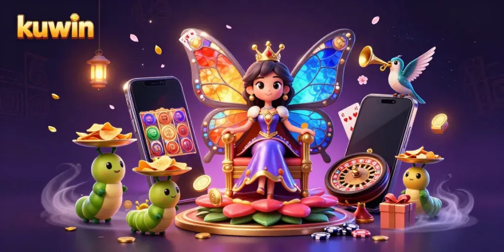 Kuwin's butterfly queen presides over a colorful gambling scene filled with slot games and chips.