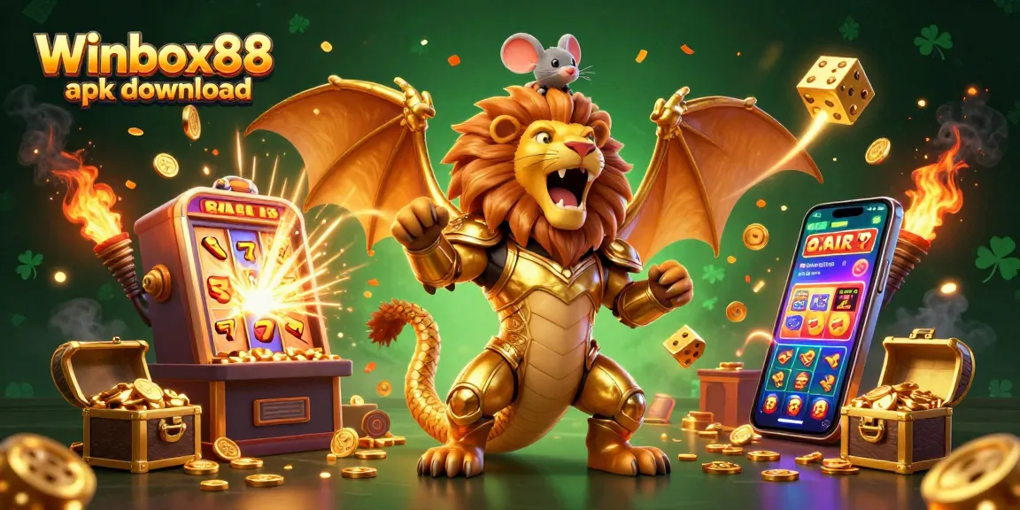 Winbox88 apk download showcases an exhilarating gambling scene with a golden chimera and slot machines bursting with rewards.