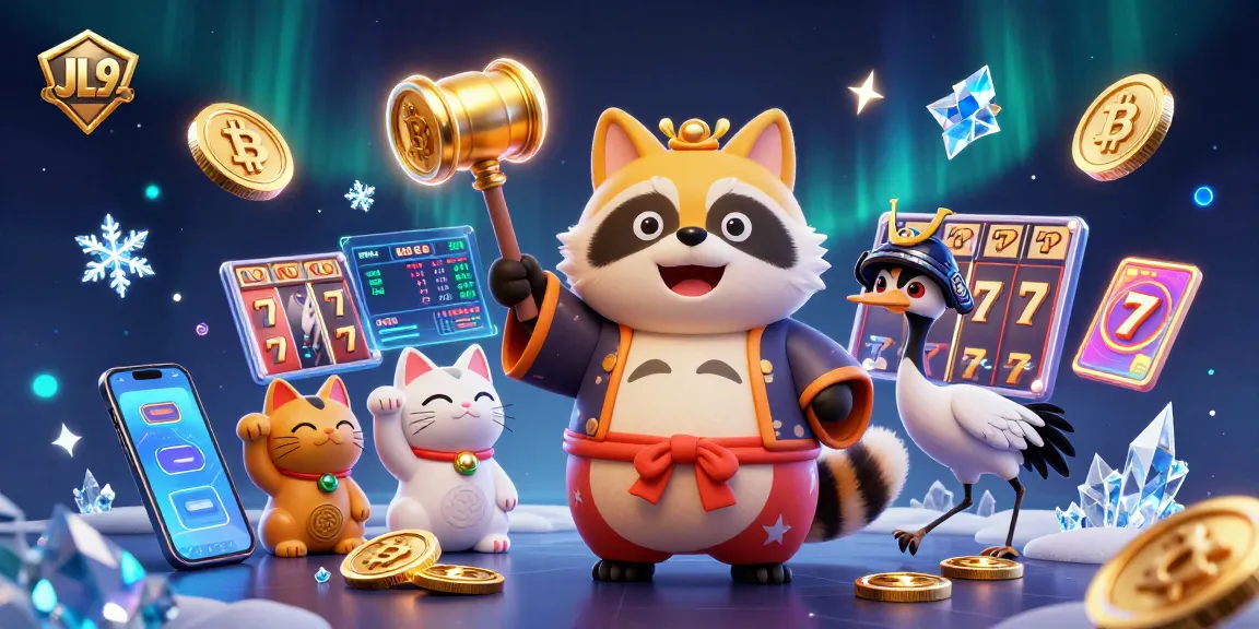 Experience vibrant gaming at JL9 with cheerful tanuki, cryptocurrency elements, and colorful maneki-neko in an engaging casino scene.