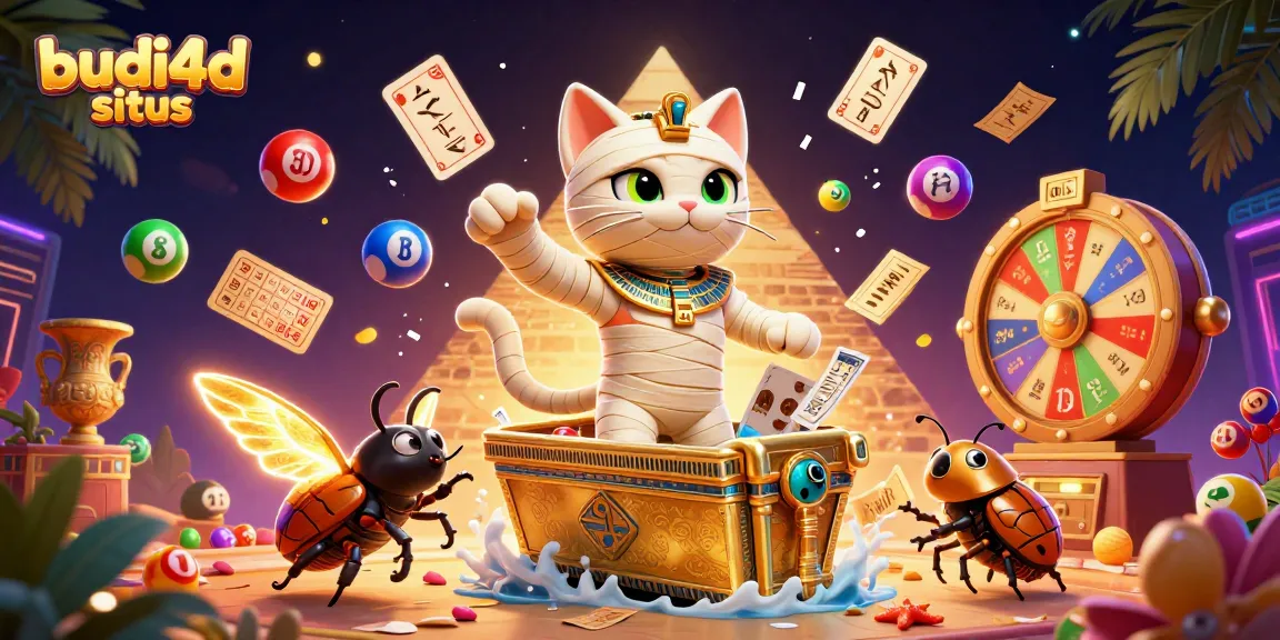 Experience gaming excitement with budi4d situs in a vibrant 3D casino scene featuring colorful lottery elements.
