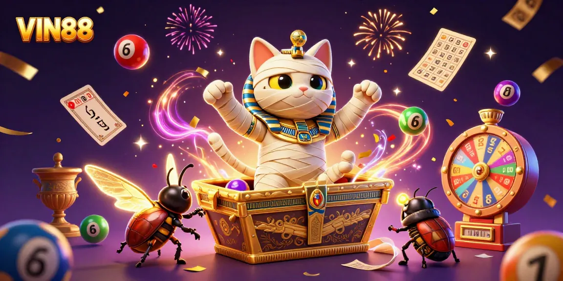Experience thrilling games at VIN88 with an Egyptian mummy cat and glowing scarab beetle.