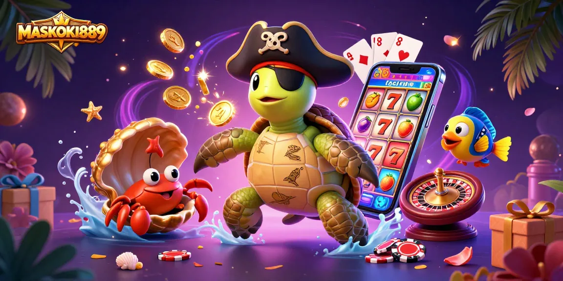 Engage with MASKOKI889's vibrant scene featuring a pirate turtle and gaming treasures