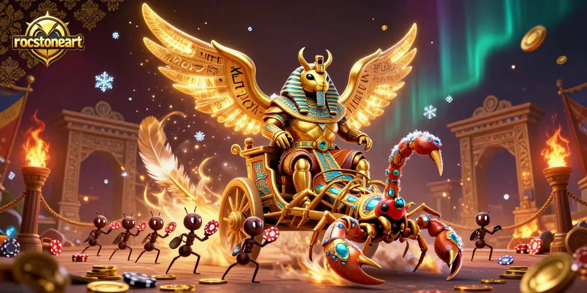 Join the action at rocstoneart with this vivid illustration of a scarab beetle riding a chariot surrounded by gold coins.