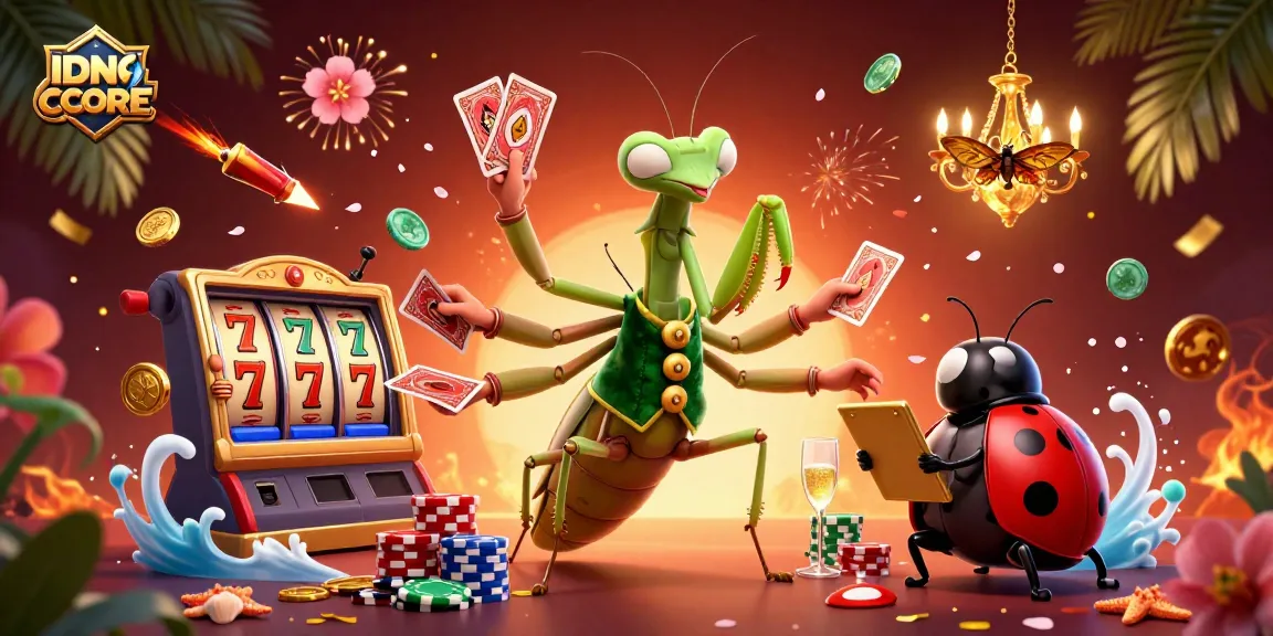 IDNSCORE promotes exciting slot games with a dynamic casino scene featuring a mantis dealer.
