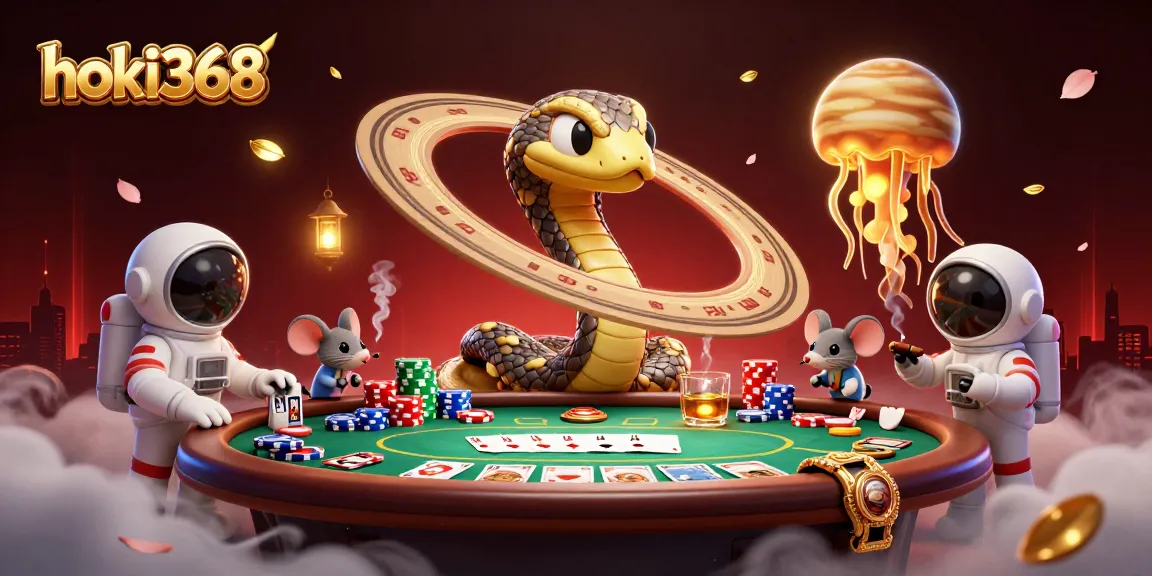 Engage in exciting bets with hoki368's cosmic casino scene featuring unique celestial characters.
