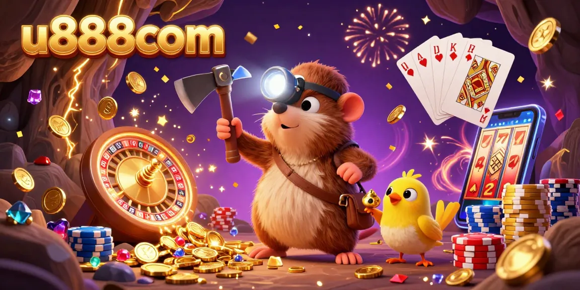 Experience thrilling wins with u888com while a treasure hunter mole uncovers gems in this vibrant casino illustration.