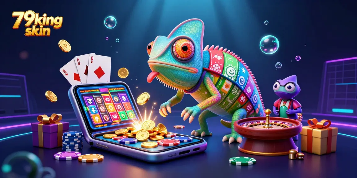 Engaging gaming scene featuring 79king skin with a vibrant chameleon casino owner, golden coins, and dynamic slot elements.